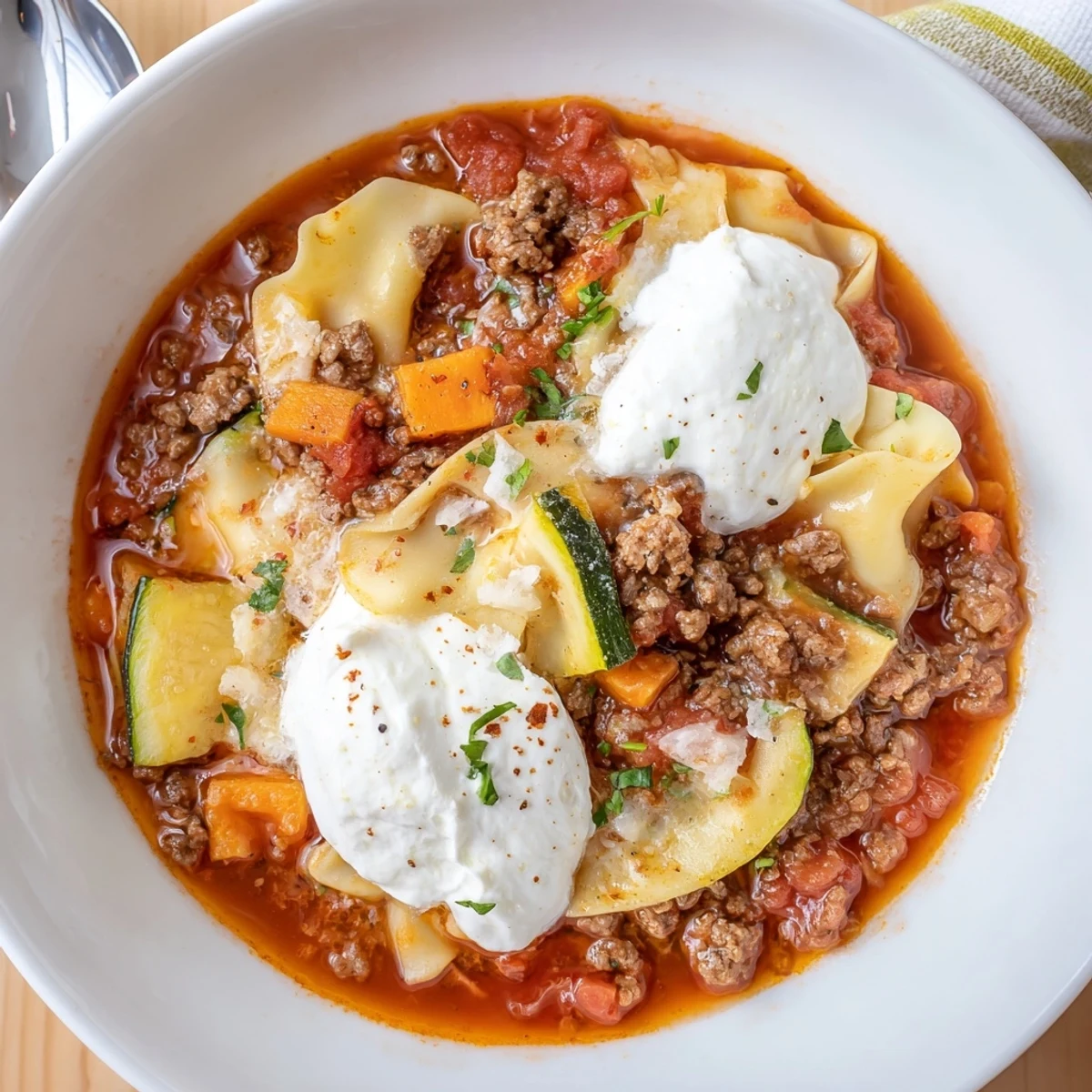 Hearty One Pot Lasagna Soup bubbling with tomato broth, broken noodles, melted mozzarella