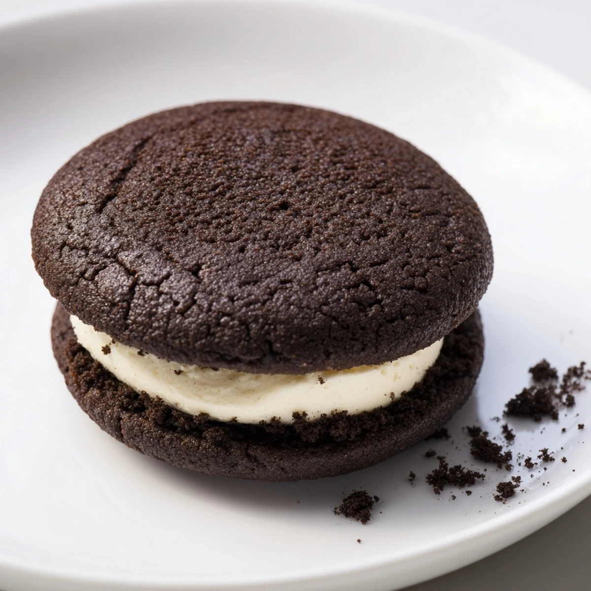 Homemade Oreo Style Cookies stacked on a wire rack, glossy chocolate, creamy filling.