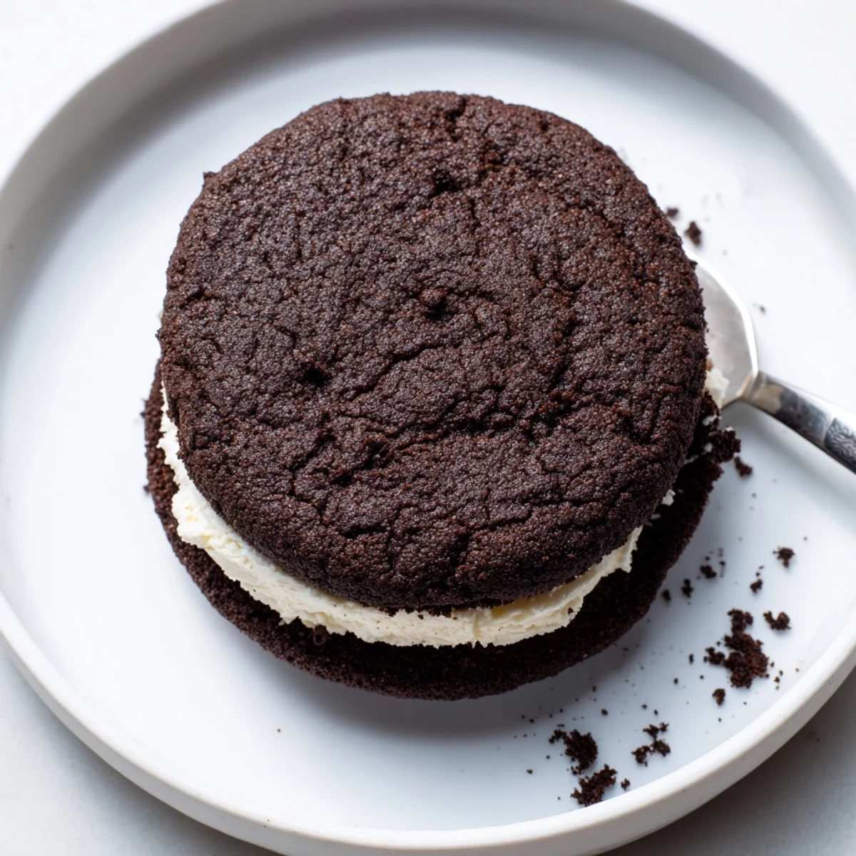 Fresh baked Homemade Oreo Style Cookies on parchment, crisp edges, rich vanilla filling.