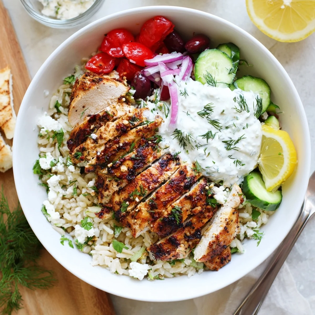 Greek Chicken Bowls with juicy marinated chicken, tangy tzatziki and lemon wedges