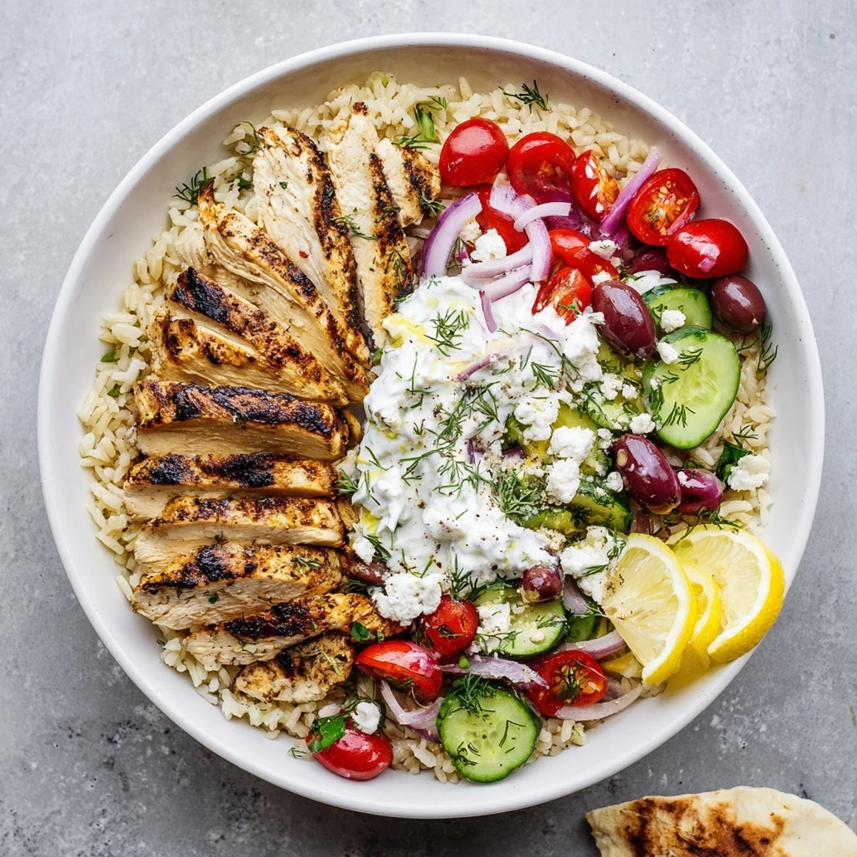 Warm herbed rice topped with grilled chicken, feta, olives in Greek Chicken Bowls