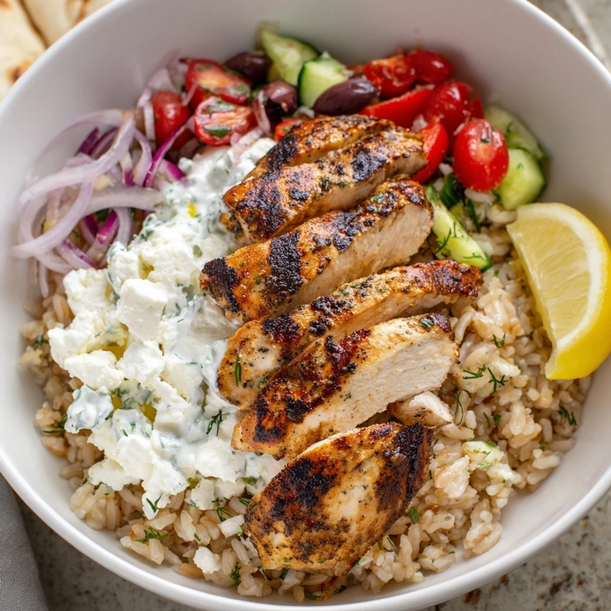 Bright cherry tomatoes and crisp cucumber crown the savory Greek Chicken Bowls