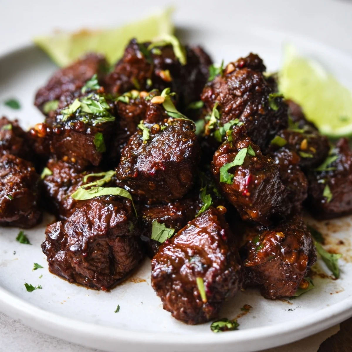 Sweet Spicy Jerk Style Beef Bites sizzling, caramelized edges, lime wedges for serving