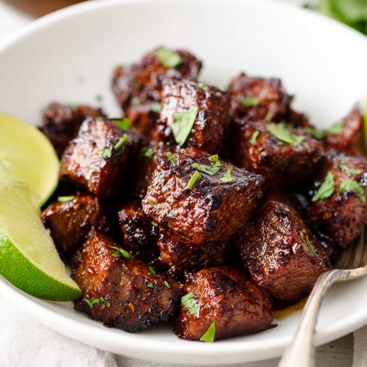 Plate of Sweet Spicy Jerk Style Beef Bites garnished with cilantro, toothpicks