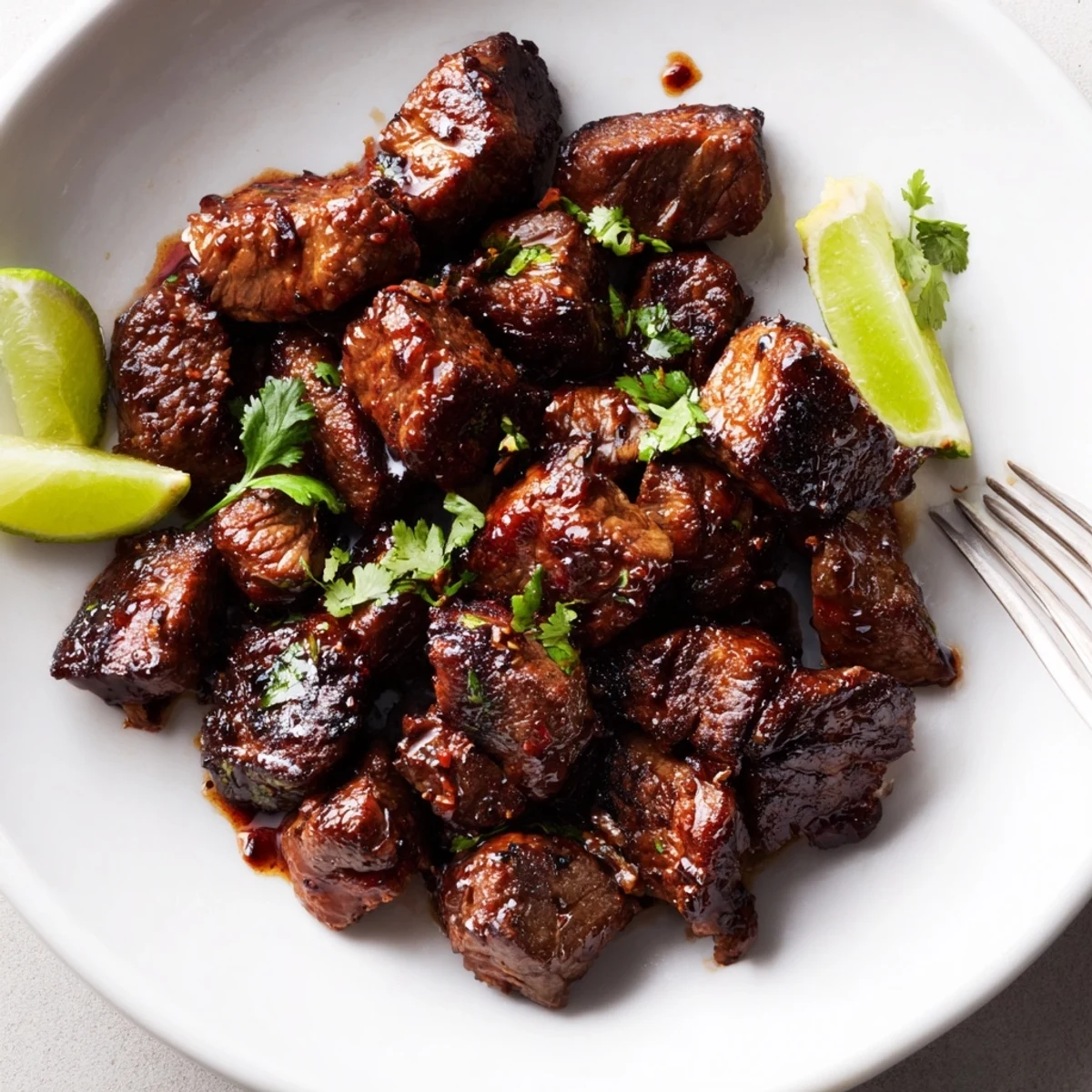 Skillet-seared Sweet Spicy Jerk Style Beef Bites glistening with sticky glaze, citrus aroma