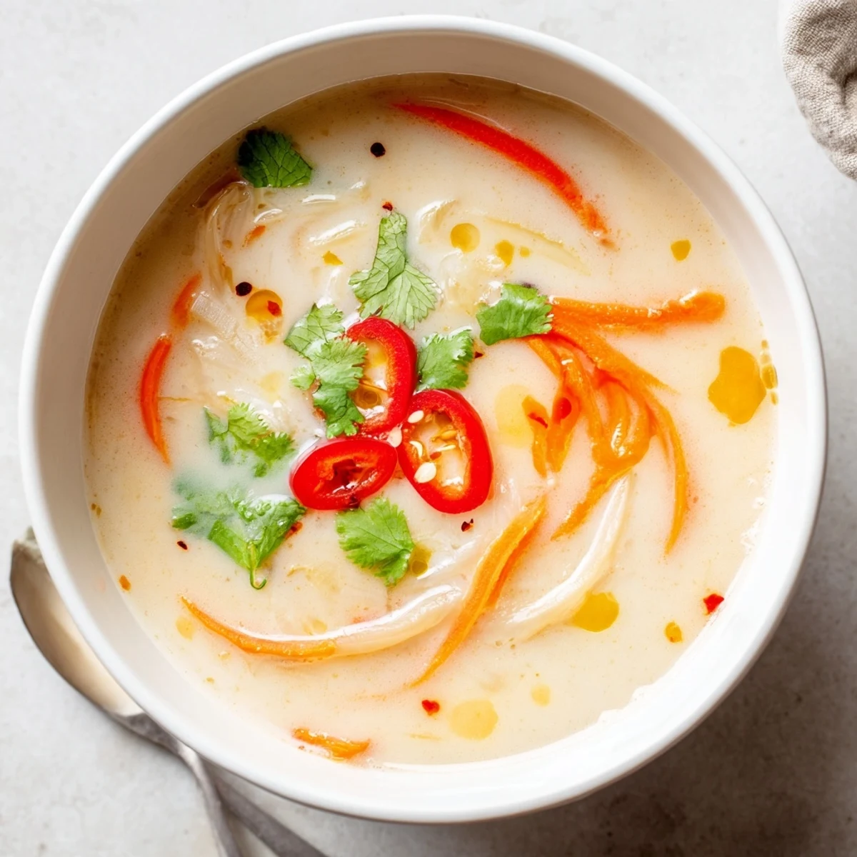 Creamy Ginger Lemongrass Coconut Soup steaming in bowl, garnished with cilantro