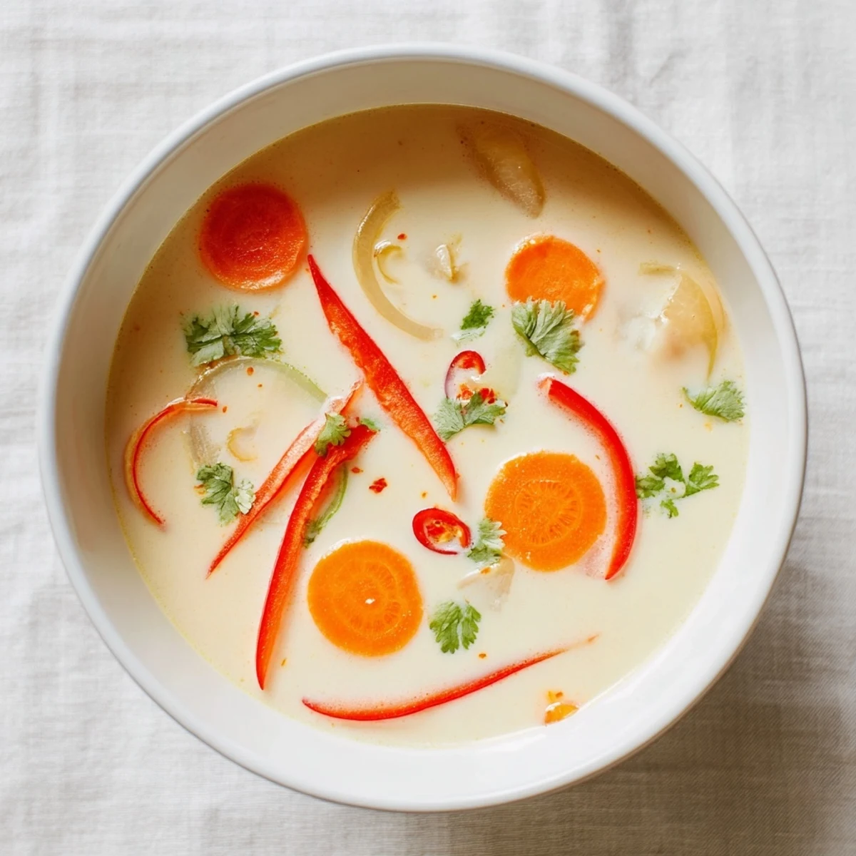 Bright Ginger Lemongrass Coconut Soup with lime, red chili, silky coconut broth