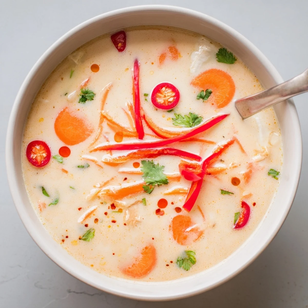 Velvety Ginger Lemongrass Coconut Soup served in wooden bowl, steam rising, lime wedge