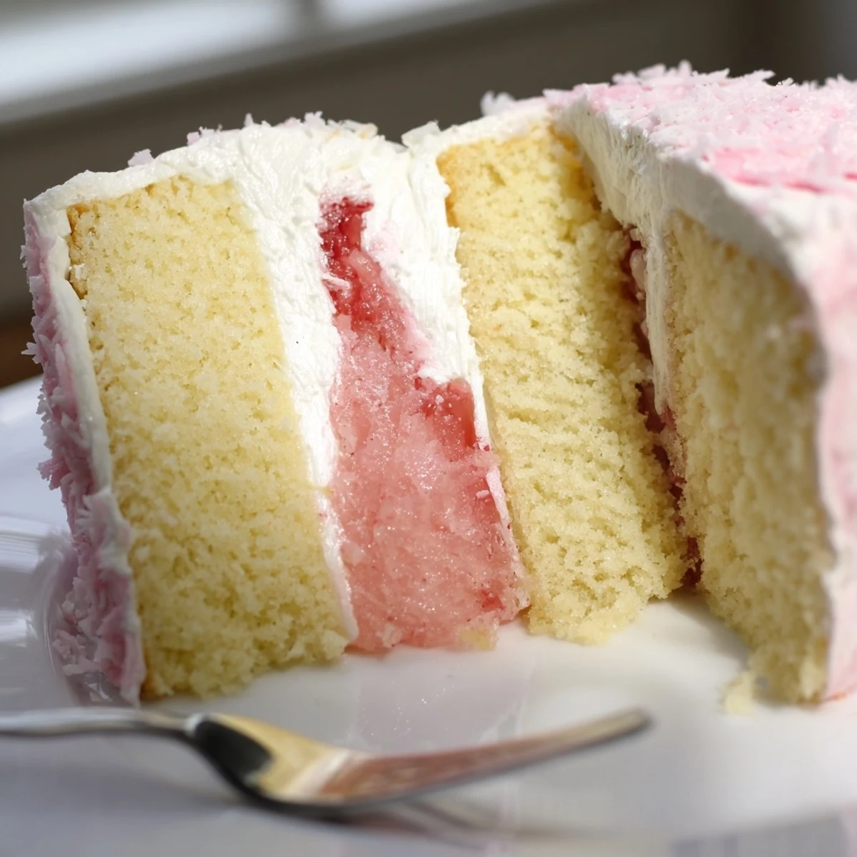 Old Fashioned Pink Jelly Cakes: raspberry jelly coated sponge rolled in coconut, chilled