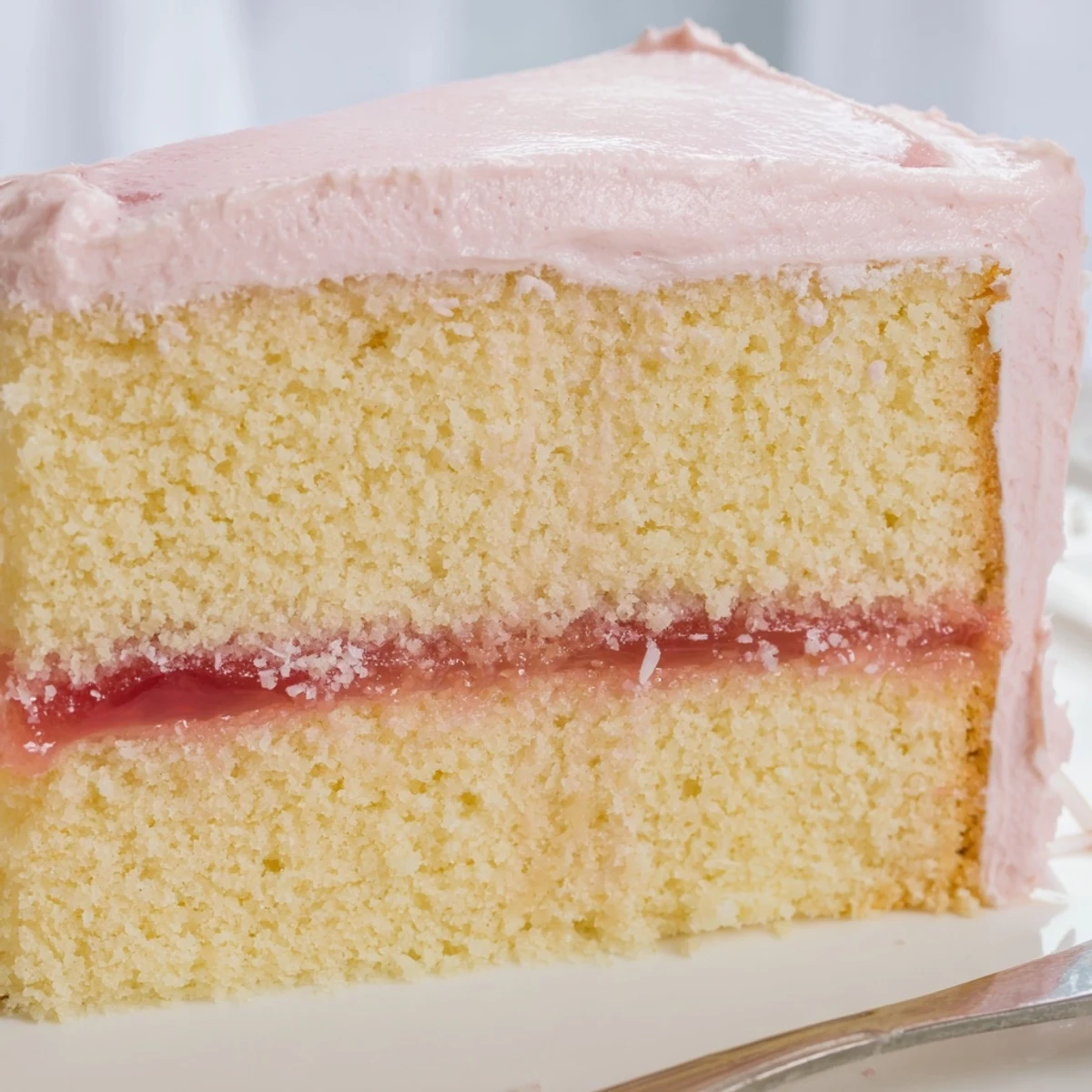 A stack of Old Fashioned Pink Jelly Cakes beside teacup, cream peeking