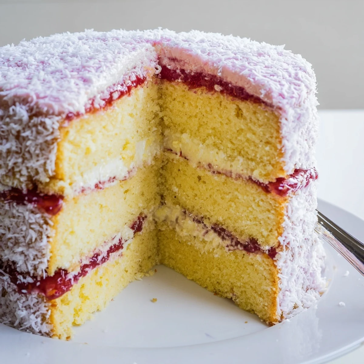 Fresh Old Fashioned Pink Jelly Cakes coated in desiccated coconut, soft sponge