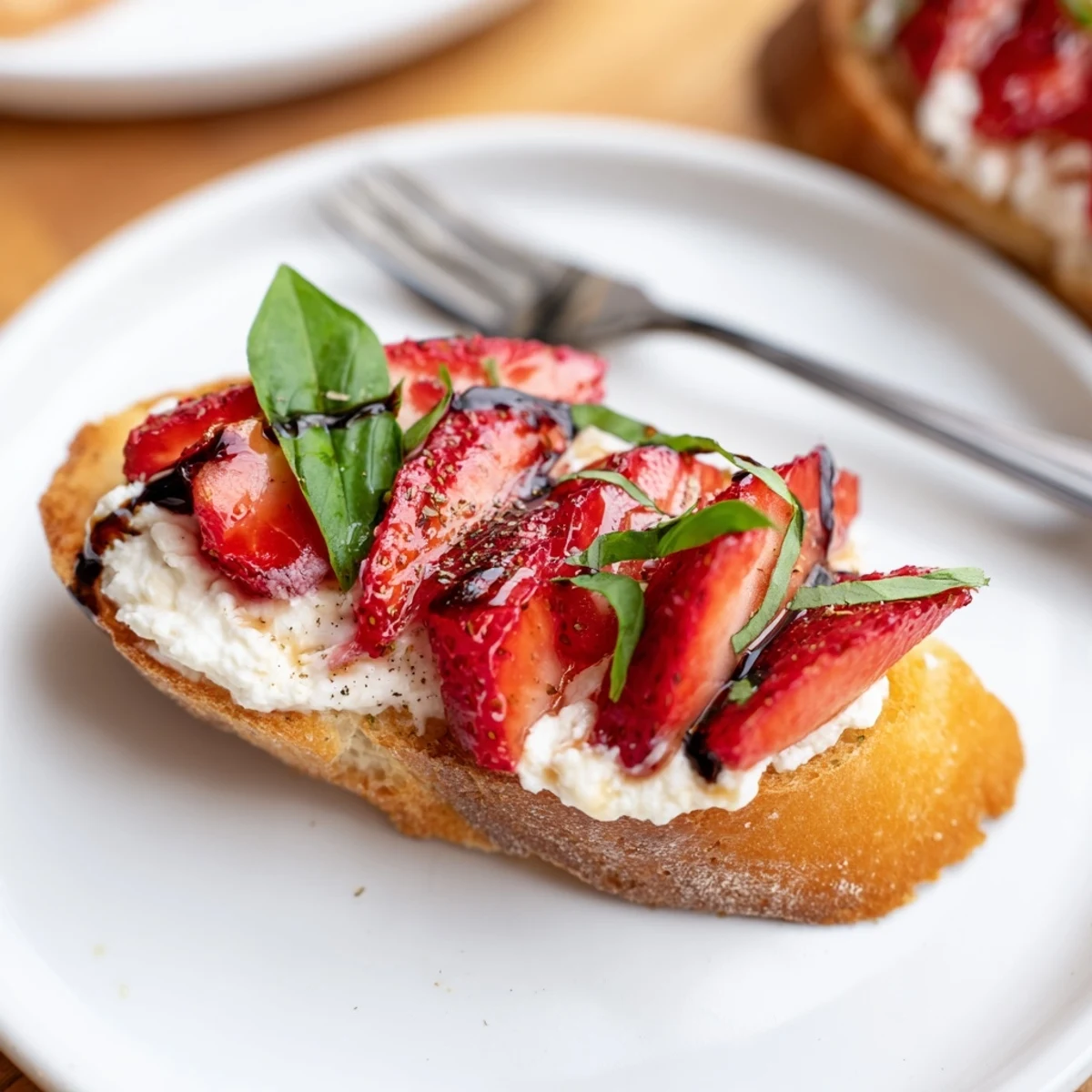 Strawberry Ricotta Bruschetta on toasted baguette, strawberries glistening with balsamic drizzle