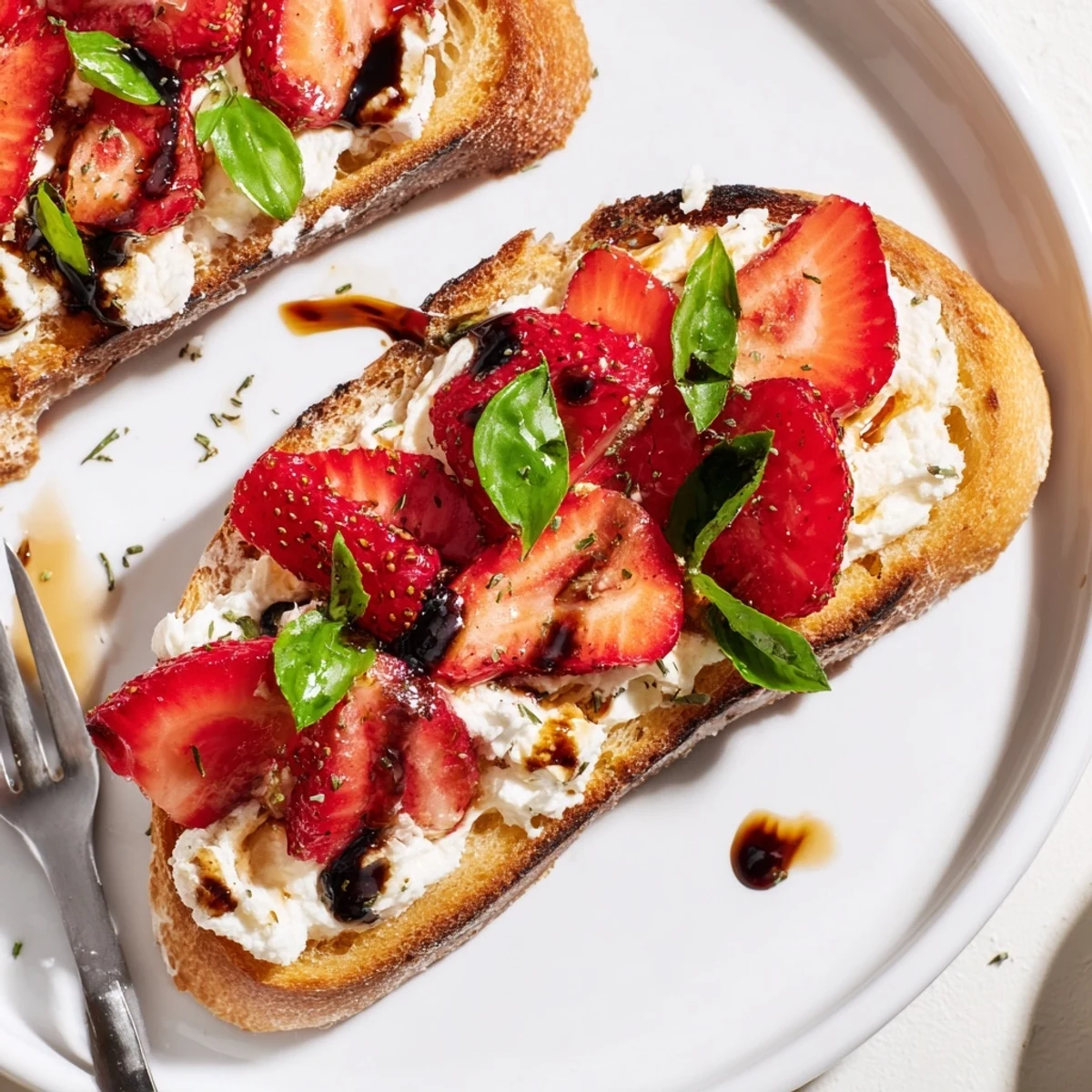 Bright Strawberry Ricotta Bruschetta garnished with basil, honey sheen, ready to serve