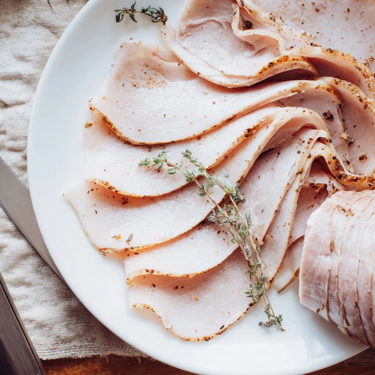 Smoky, tender Homemade Sandwich Deli Meat rolled and roasted, served with mustard.