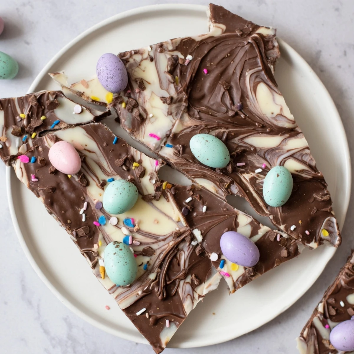 A marbled Robin Egg Easter Bark broken into pastel speckled pieces for sharing.  