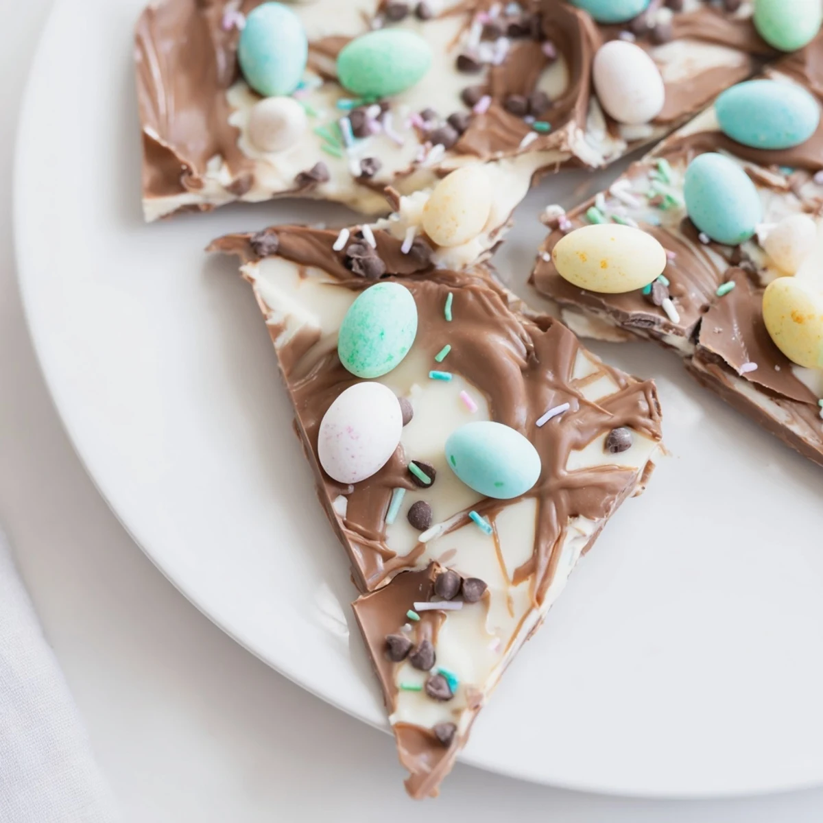 No bake Robin Egg Easter Bark on parchment, glossy swirls and sprinkle crunch.