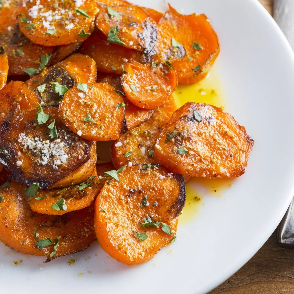 Crispy Smashed Carrots roasted golden with caramelized edges, garnished with parsley