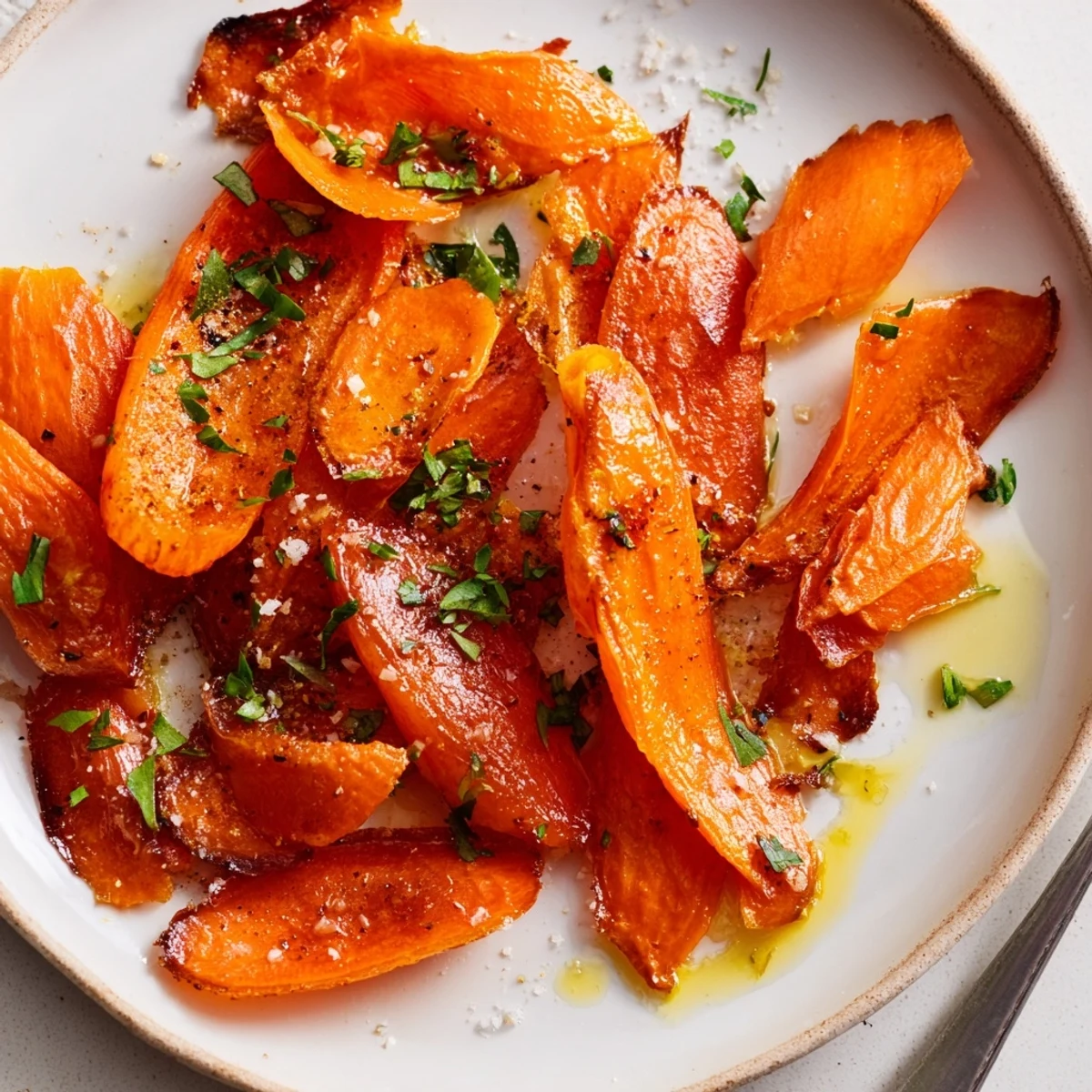 Warm Crispy Smashed Carrots drizzled with olive oil, ideal alongside roasted chicken