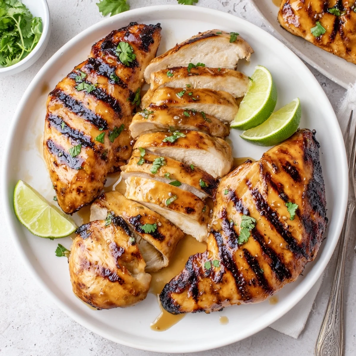 Charred, juicy Key West Grilled Chicken with tropical citrus marinade, lime wedges.