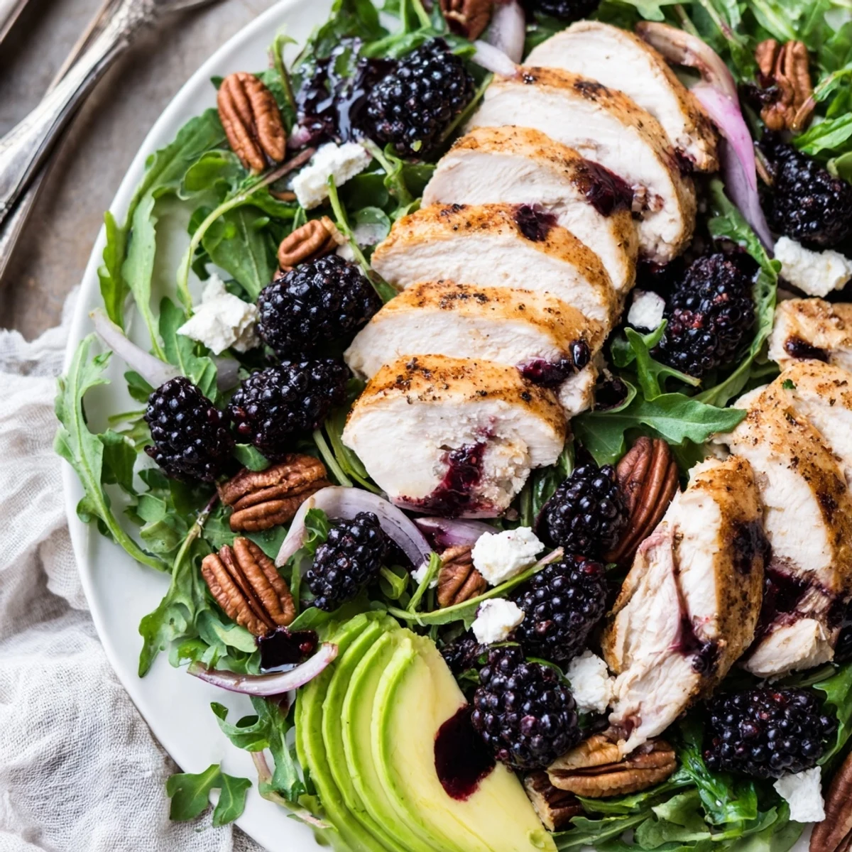 Sweet Tangy Blackberry Chicken Salad with grilled chicken, juicy blackberries, crisp greens