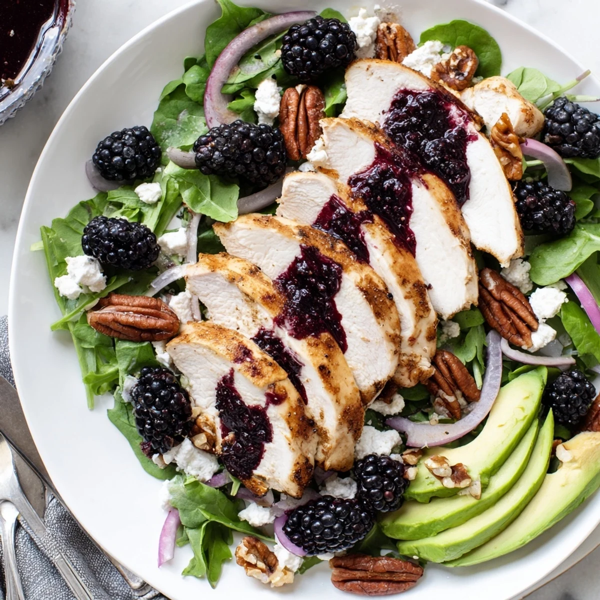 Bright Sweet Tangy Blackberry Chicken Salad drizzled with balsamic vinaigrette, toasted pecans