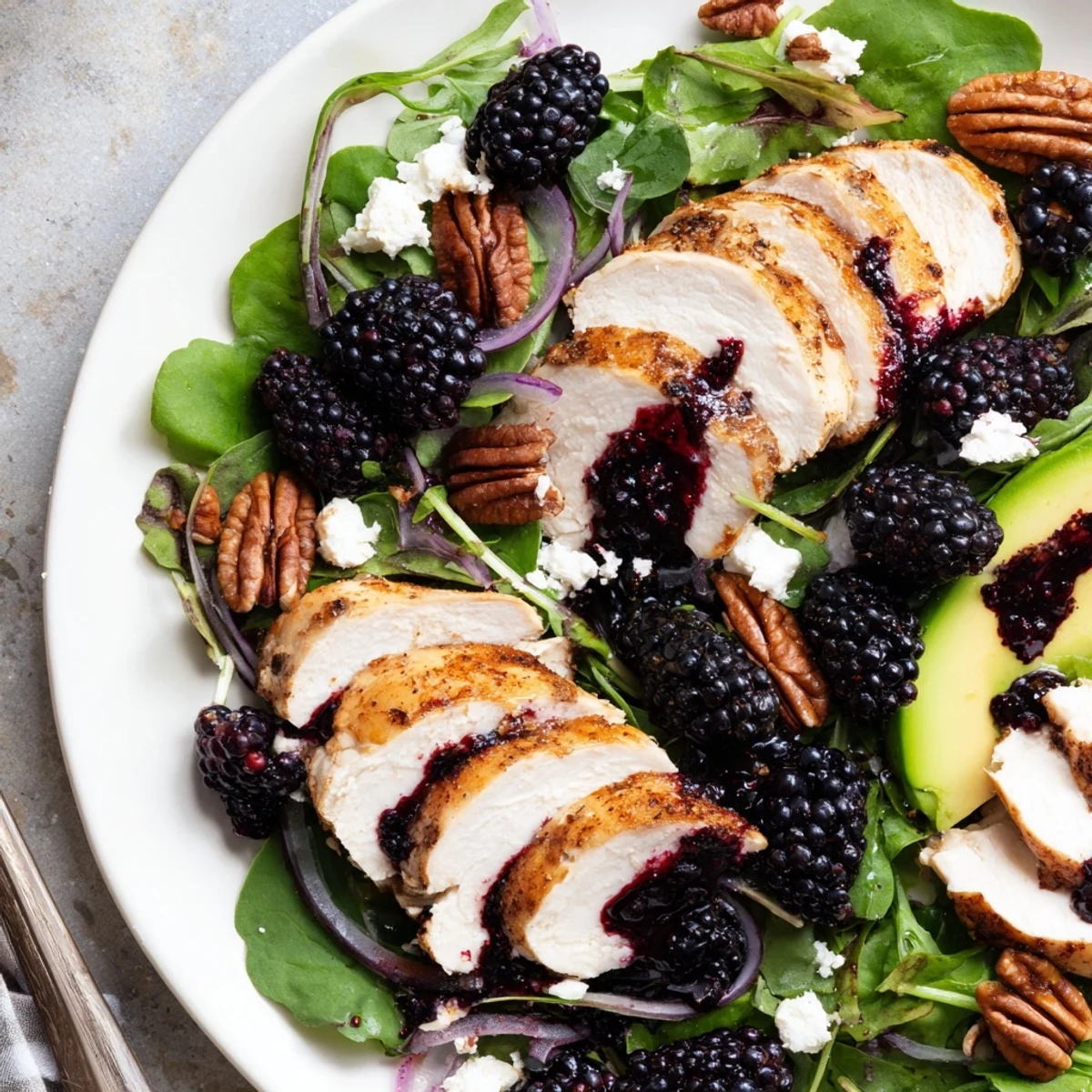 A bowl of Sweet Tangy Blackberry Chicken Salad served with sliced avocado