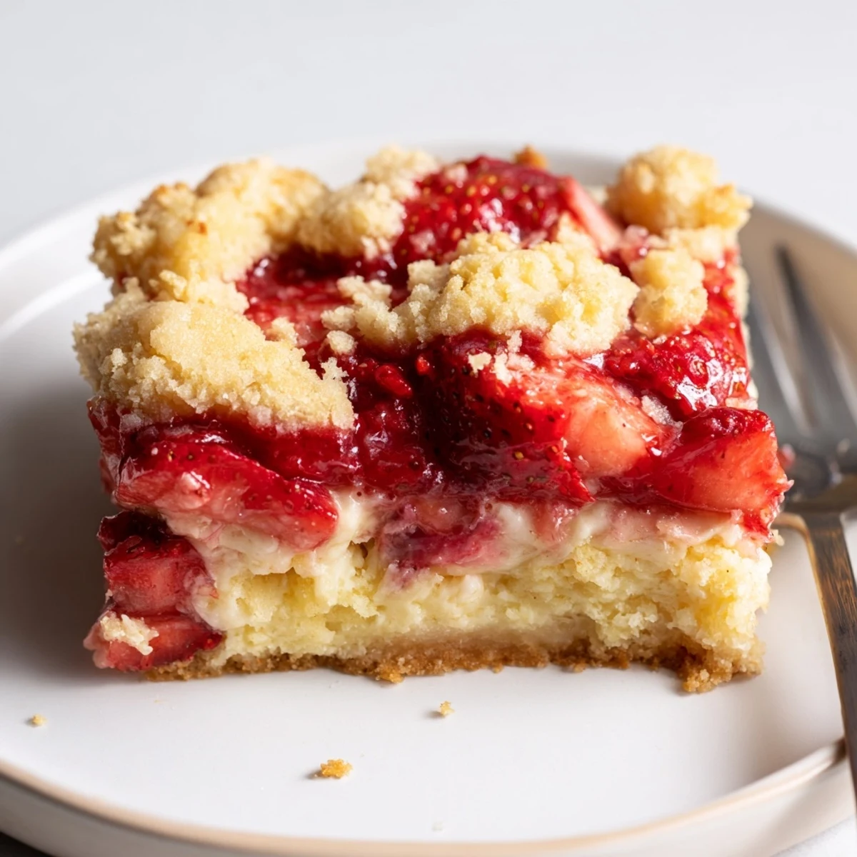 Strawberry Cheesecake Dump Cake bubbling golden, sliced and served with ice cream