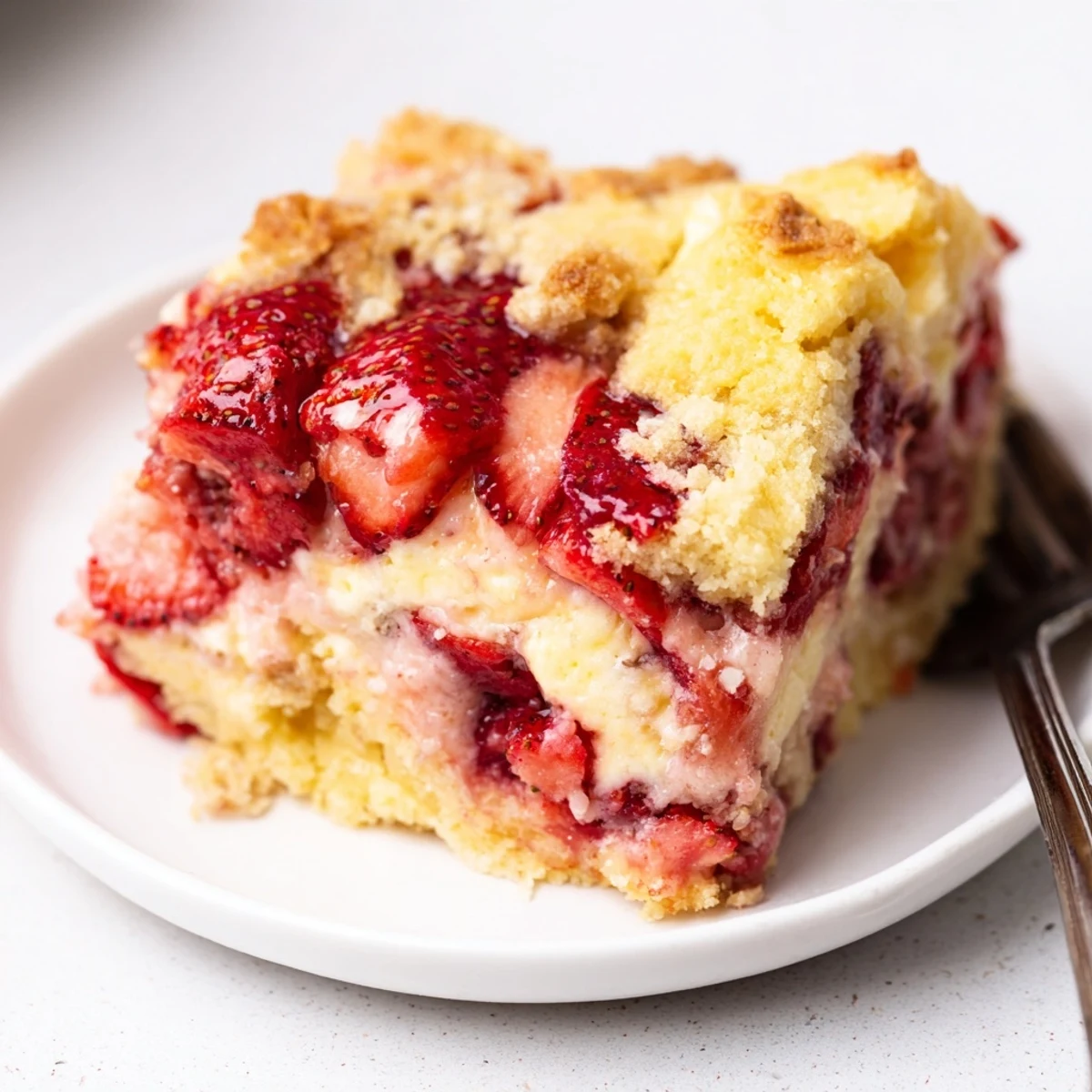 Warm Strawberry Cheesecake Dump Cake showing creamy cheesecake pockets and fresh strawberries