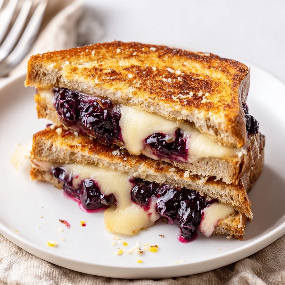Warm Crispy Blueberry Grilled Cheese sliced diagonally, sweet blueberry burst  
