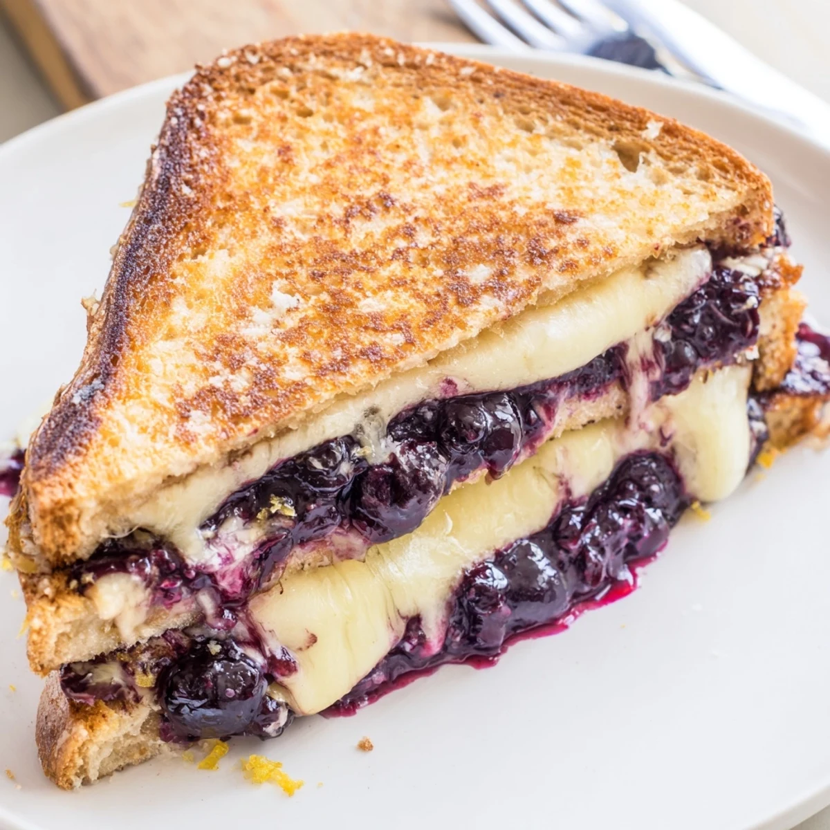 Buttery skillet seared Crispy Blueberry Grilled Cheese served with lemon zest honey drizzle