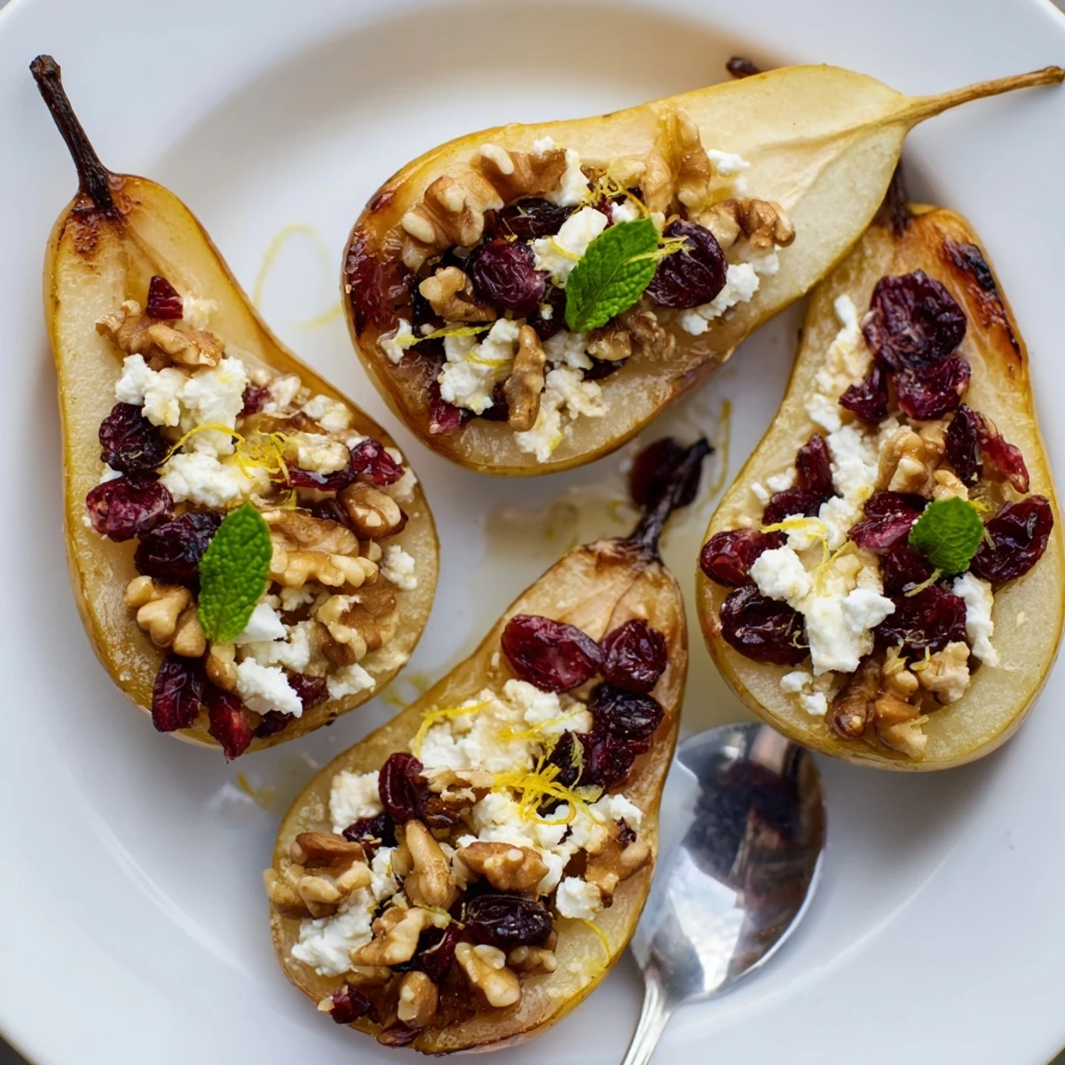 Warm Baked Pears With Feta Honey Cranberries, caramelized edges and fresh mint
