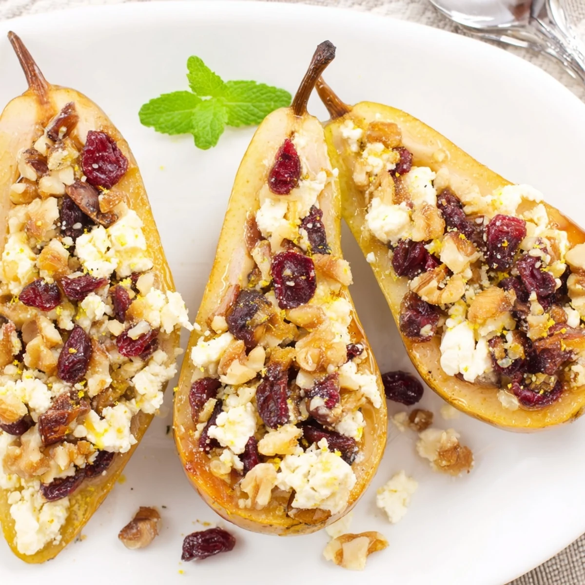 Tender roasted Baked Pears With Feta Honey Cranberries, drizzled honey and walnuts