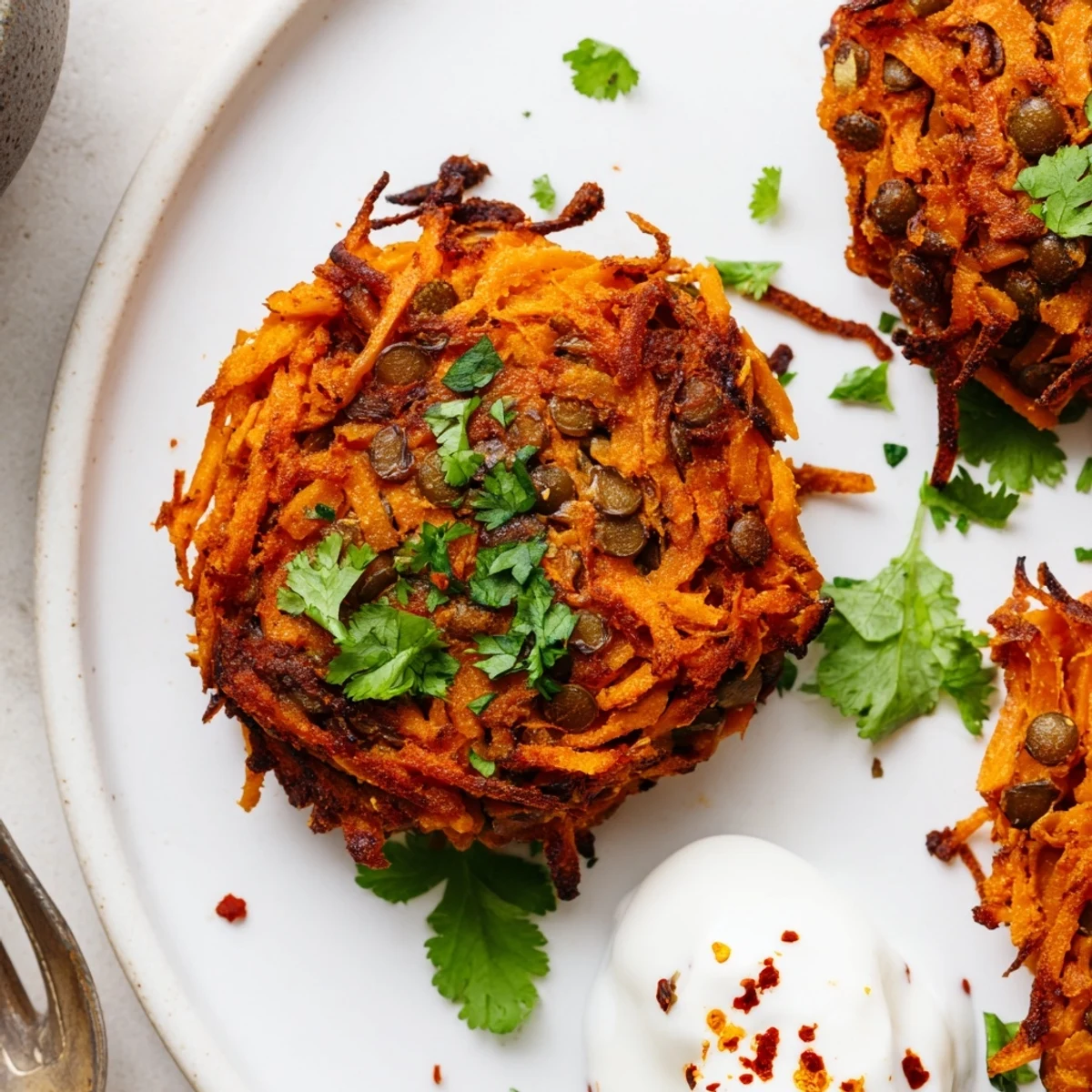 Crispy Sweet Potato Lentil Patties sizzling golden, served with cooling yogurt dip