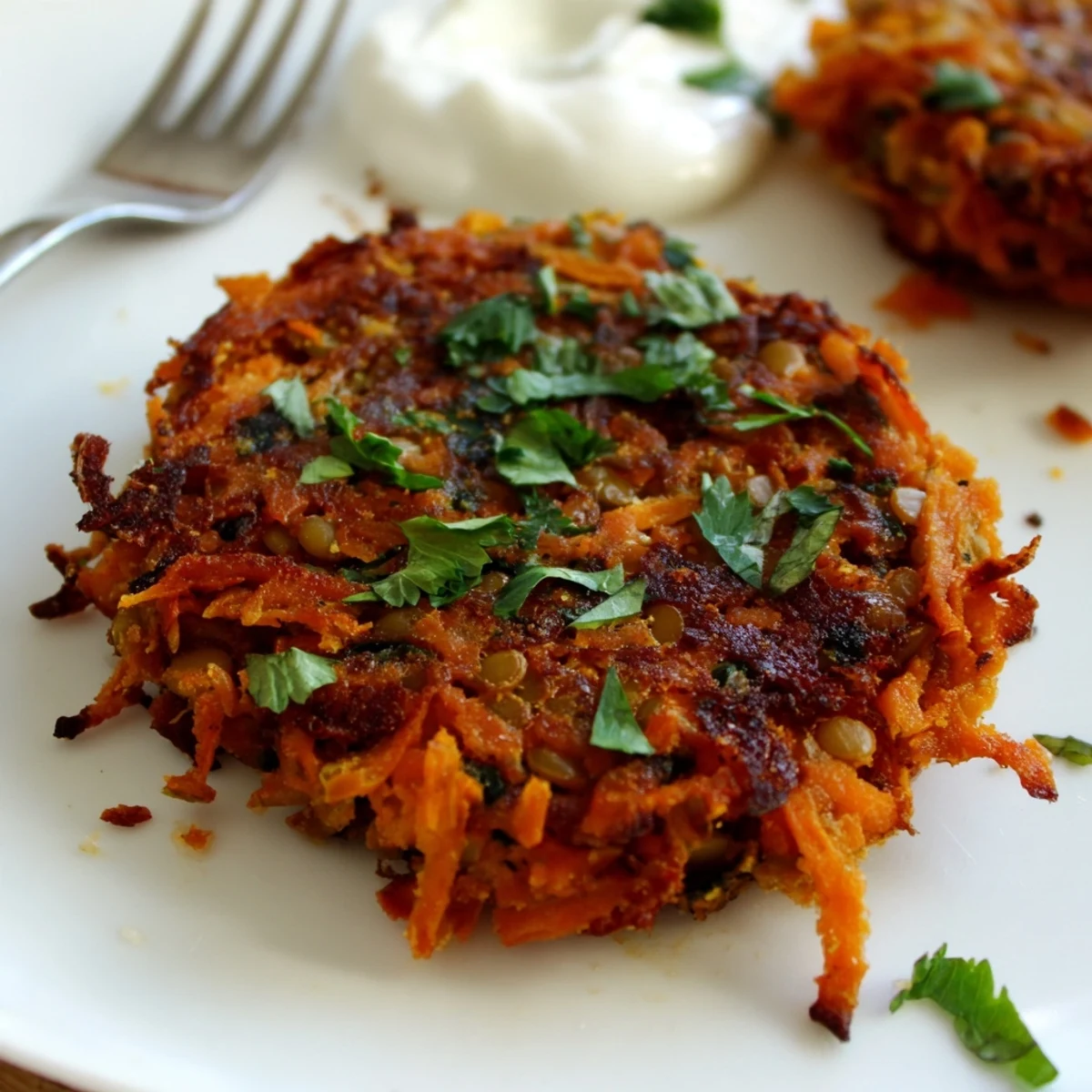 Stack of Crispy Sweet Potato Lentil Patties with herbed garnish and avocado