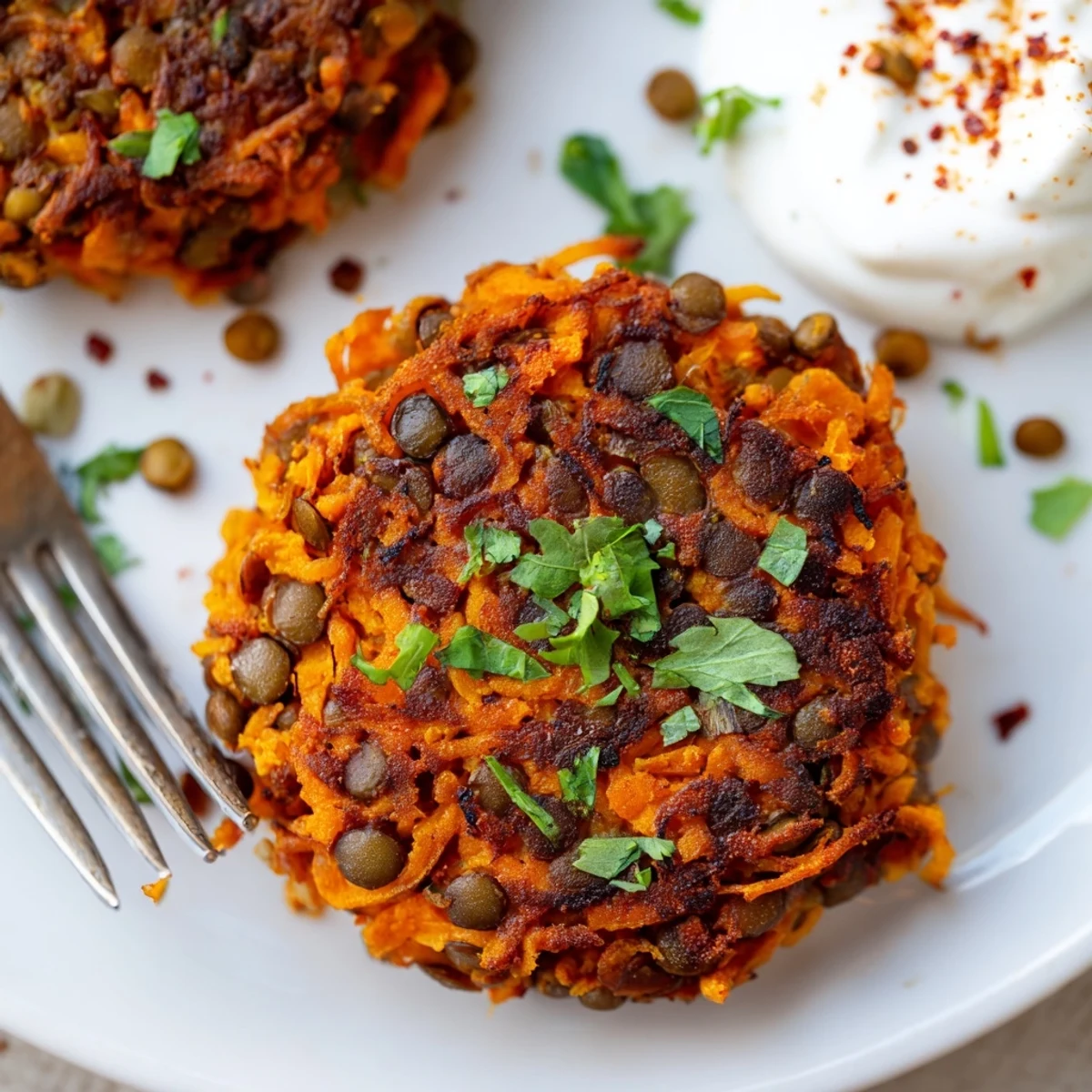 Pan-fried Crispy Sweet Potato Lentil Patties with cilantro, crunchy edges and warmth