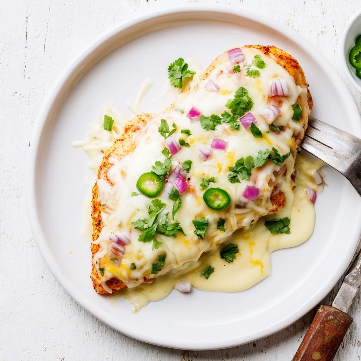 Flavorful Baked Queso Chicken bubbling with melted cheese, cilantro garnish, oven-hot