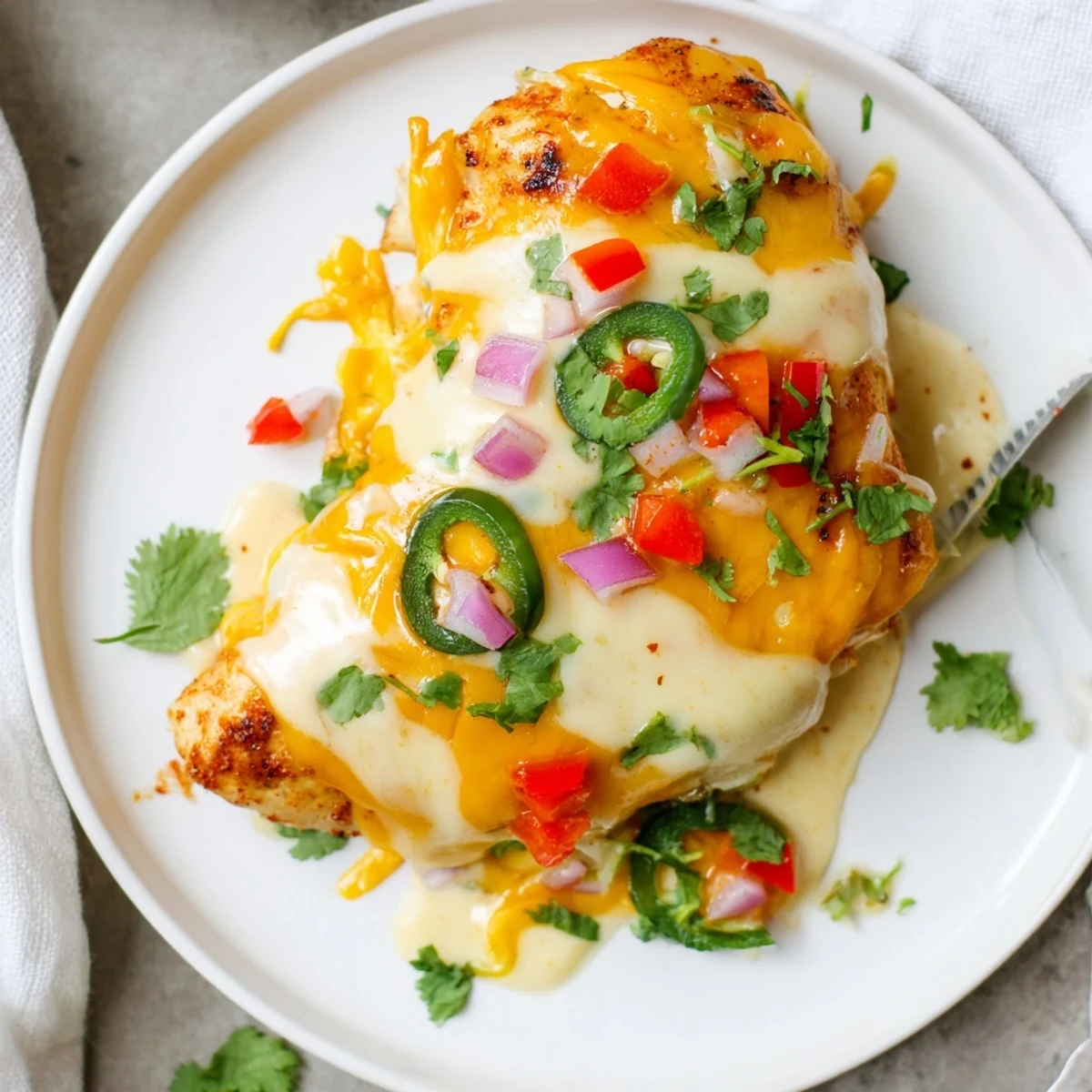 Family-style Flavorful Baked Queso Chicken plated with rice, tangy cilantro and spice