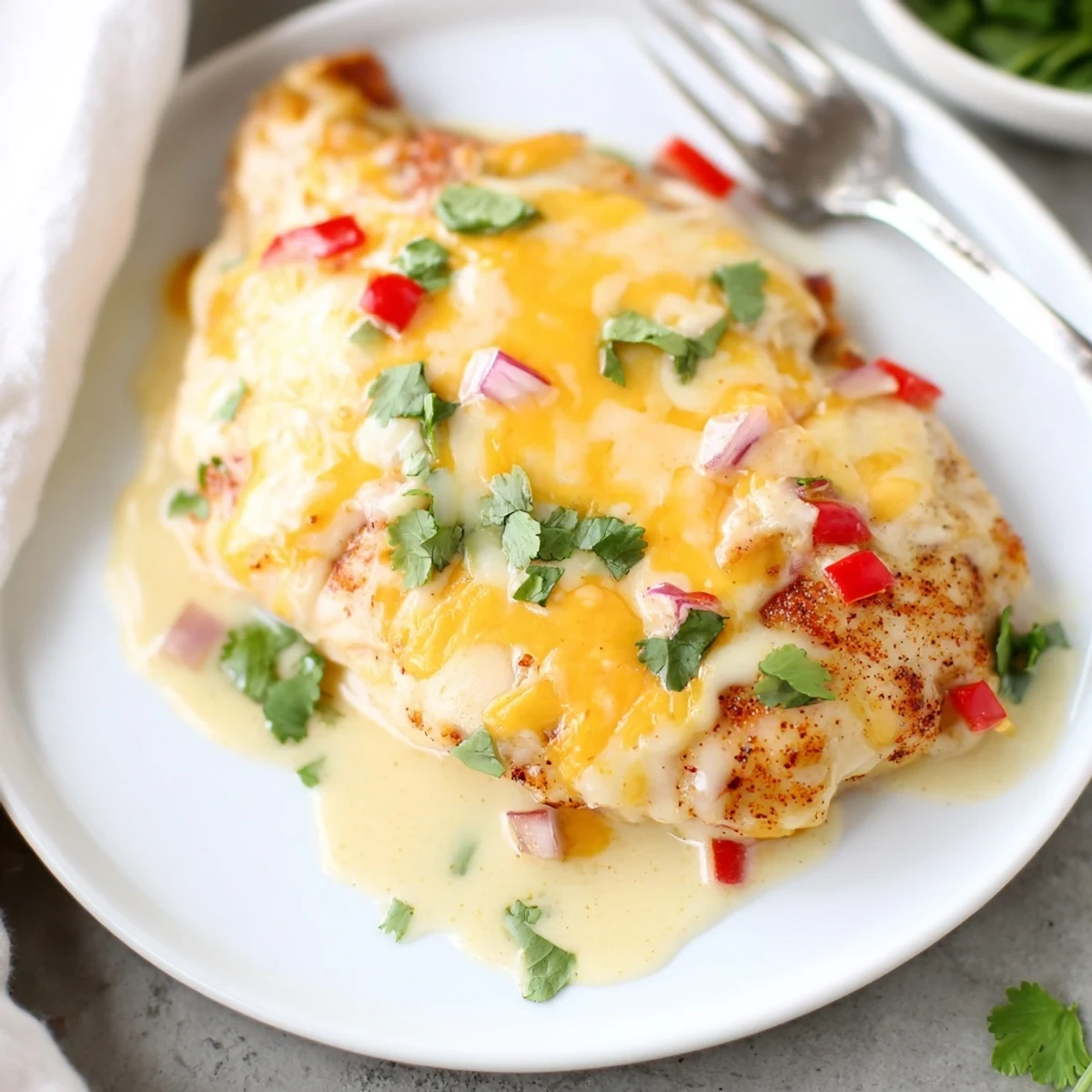 Sliced Flavorful Baked Queso Chicken steaming, creamy queso sauce drenched, jalapeño slices
