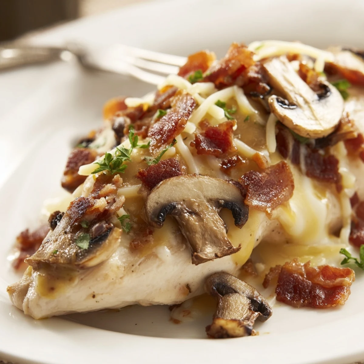 Grilled Alice Springs Chicken Outback Style topped with melted cheese and crispy bacon
