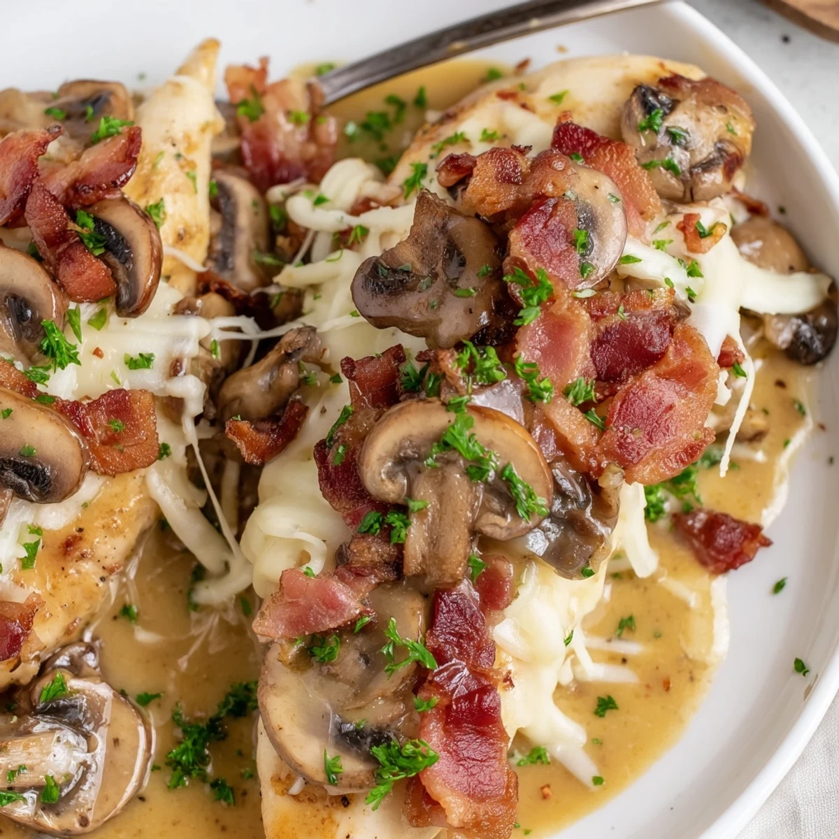 Sliced Alice Springs Chicken Outback Style drizzled with honey mustard and sautéed mushrooms