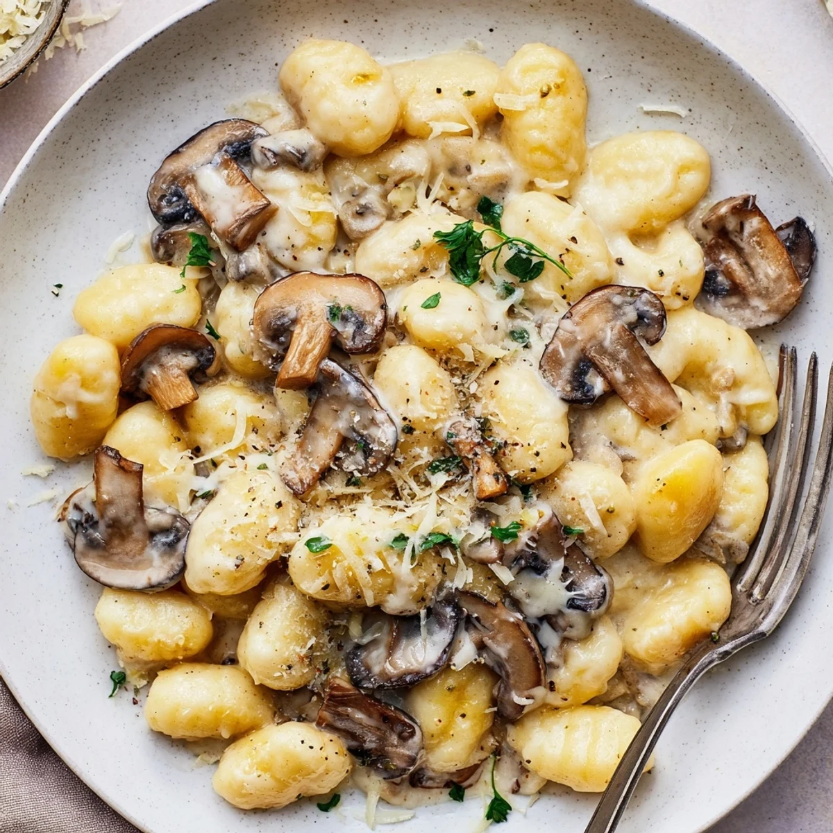Mushroom Gnocchi In Cream Sauce glistening with Parmesan, parsley, and butter  