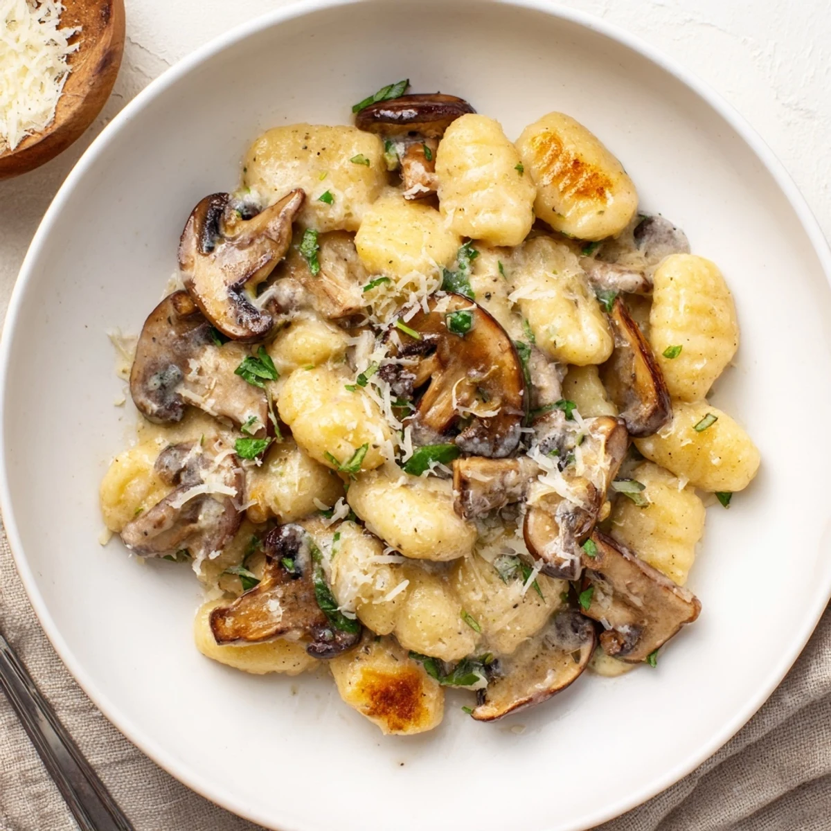 Spoon lifting warm Mushroom Gnocchi In Cream Sauce, fragrant garlic and nutmeg