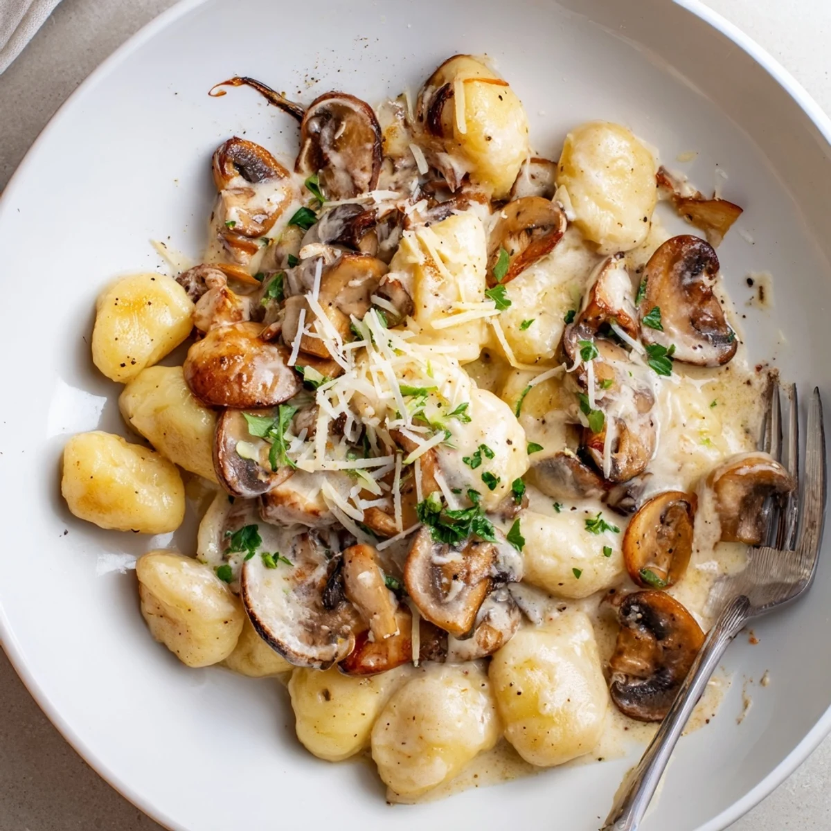 A shallow skillet holds Mushroom Gnocchi In Cream Sauce, golden mushrooms  