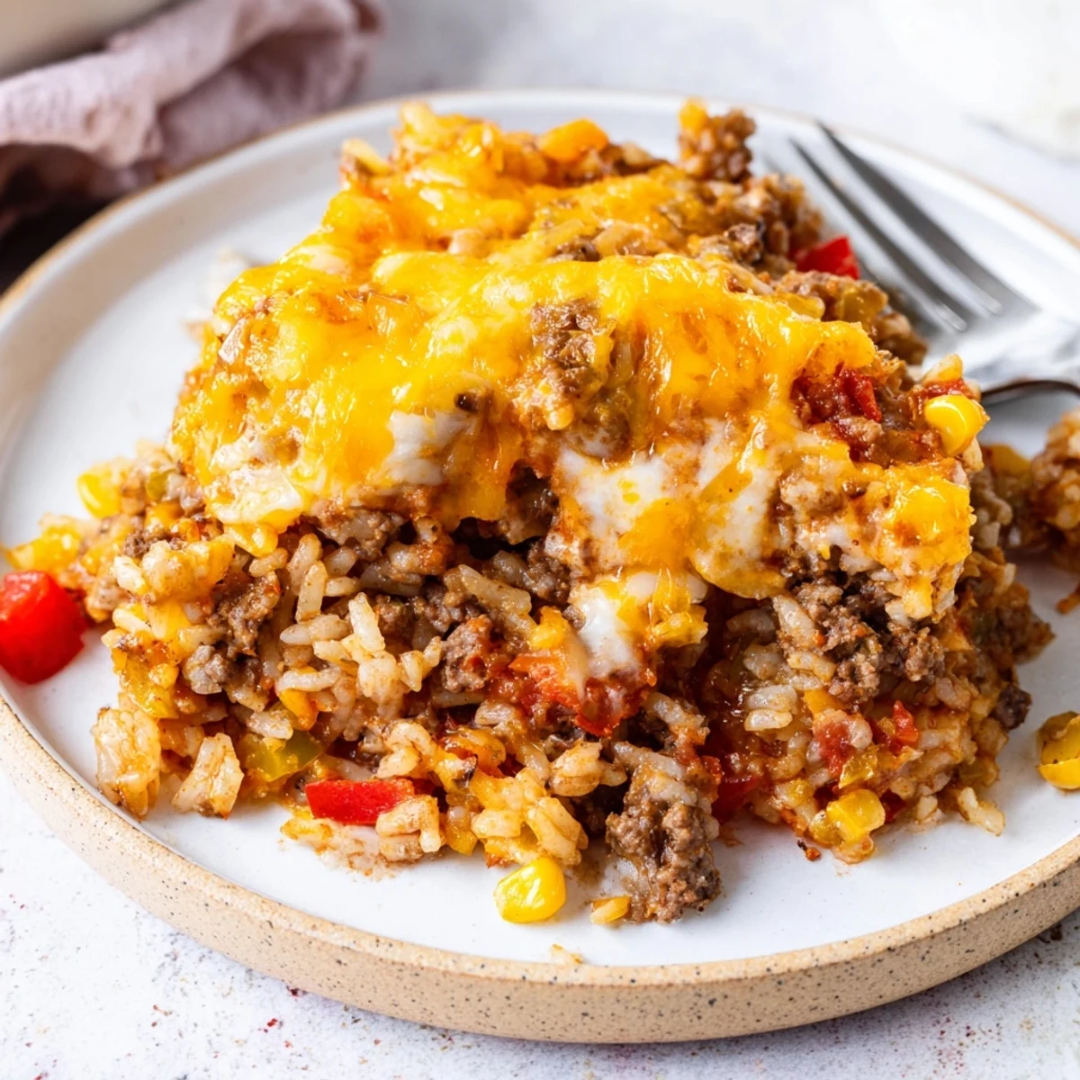 Cheesy Beef And Rice Delight Casserole bubbling with golden cheese, steam rising  