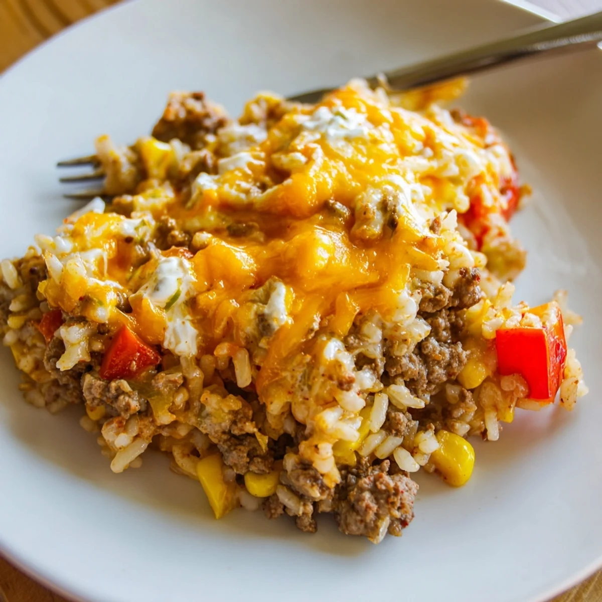 Slice of Cheesy Beef And Rice Delight Casserole served with fresh salad  