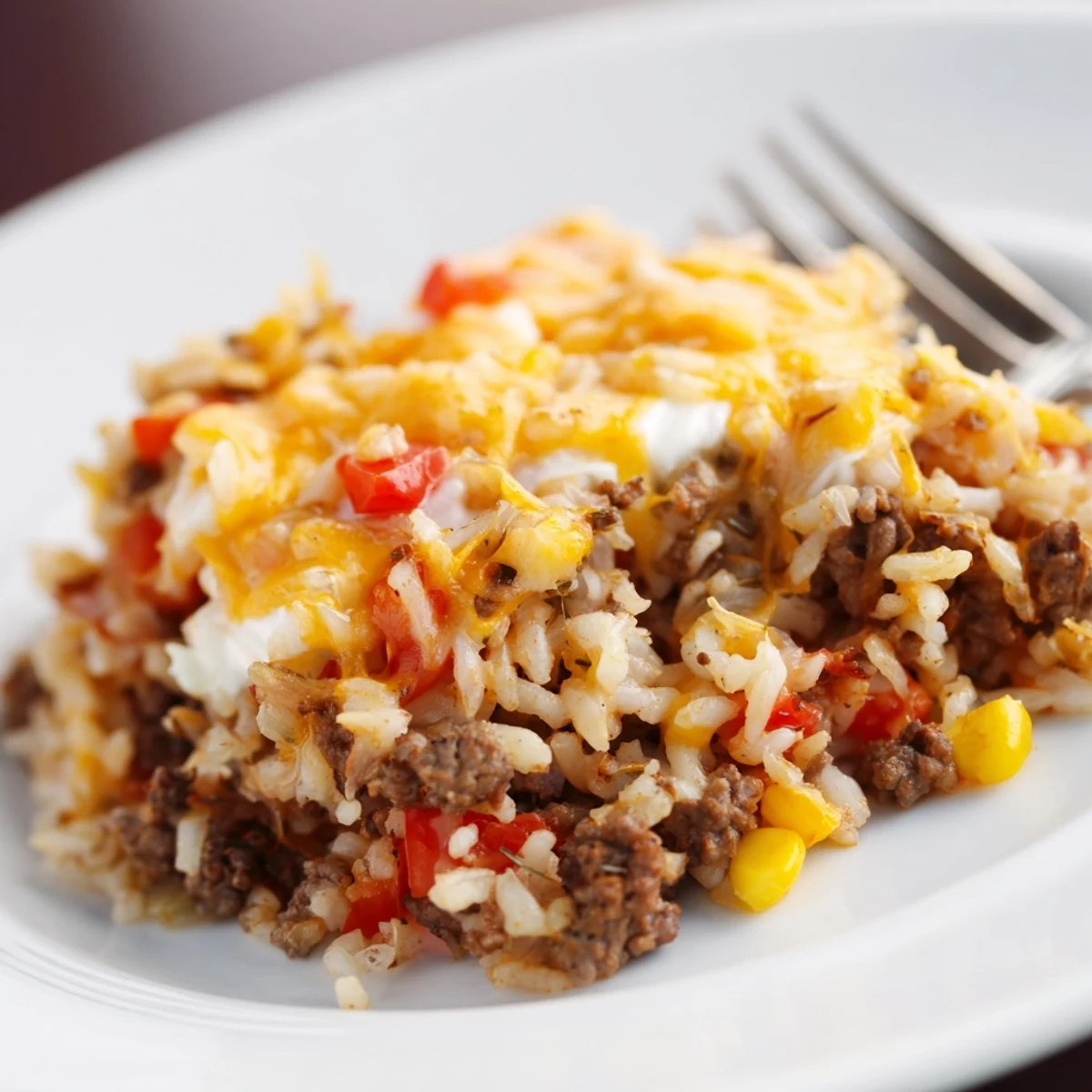 Comforting Cheesy Beef And Rice Delight Casserole, gooey cheddar topping, fork ready