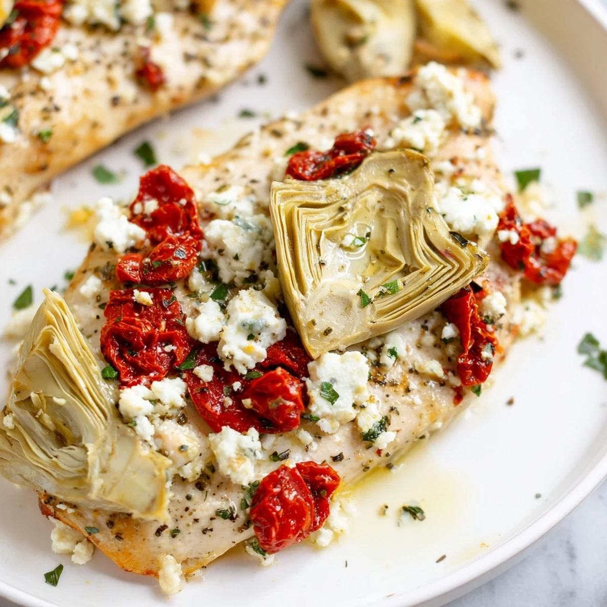 Broiled Artichoke Chicken With Feta sizzling under the broiler, golden topping