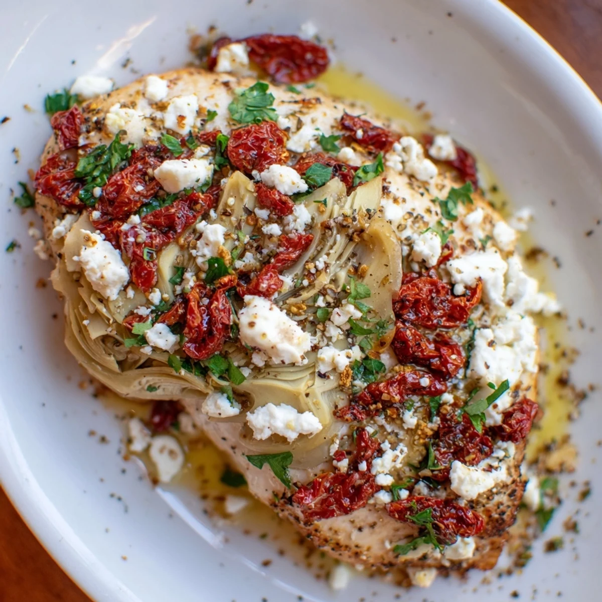 Juicy Broiled Artichoke Chicken With Feta topped with sun dried tomatoes and parsley