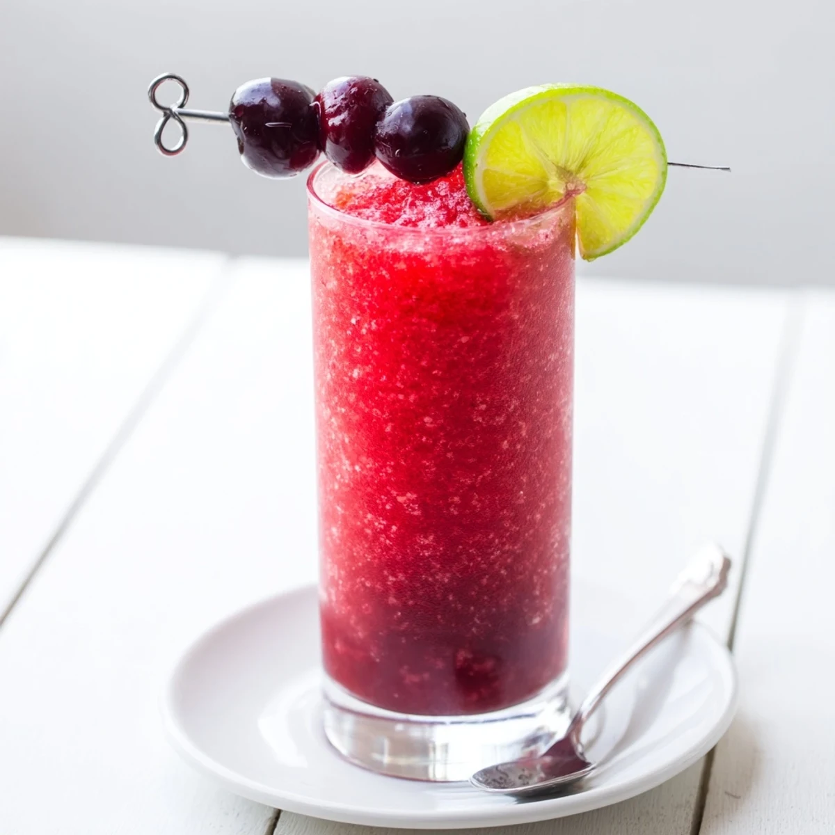 Refreshing Cherry Lime Sunrise Slush topped with fresh cherries and lime slices.