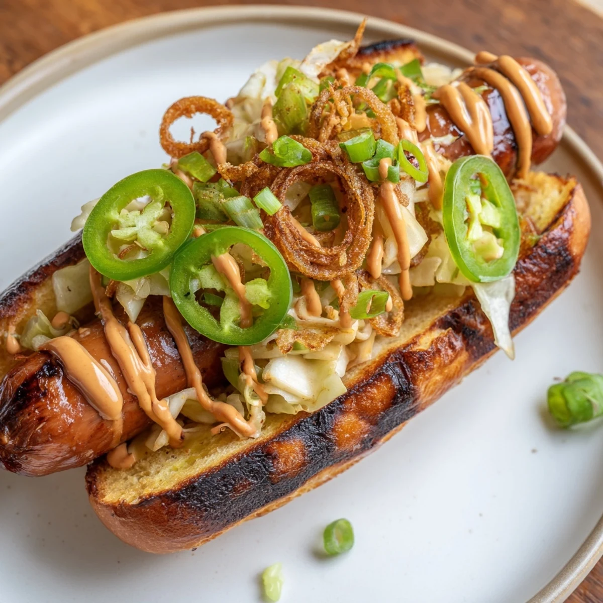 Charred, saucy Spicy Firecracker Hot Dogs recipe topped with jalapeños and crispy onions